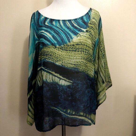 Chico's Blue & Green Sheer Blouse (XL) - Picture 2 of 5